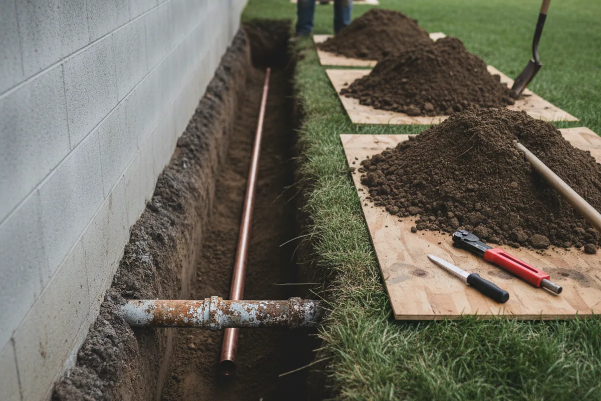 Excavated water line trench during Water Softener Installation in Oakhurst